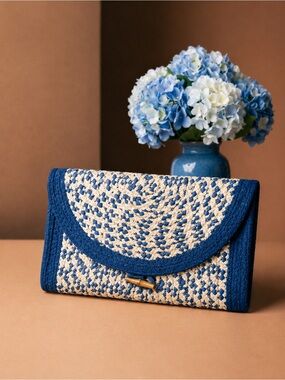 America & Beyond Blue Natural Jute Envelope Style Clutch New with Tags